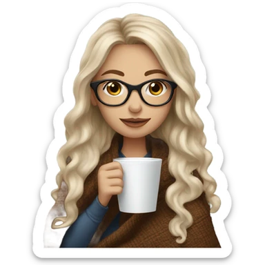 Balayage hair Girl drinking coffee, with a cozy blanket wearing glasses with blue eyes  sticker