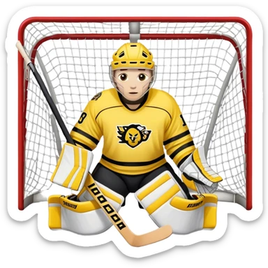 moji of a hockey goalie in yellow and black gear, standing in front of the net, with a team in matching uniforms holding sticks sticker