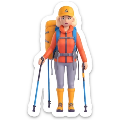 woman mountain climbing, female mountaineer with backpack and hiking poles sticker