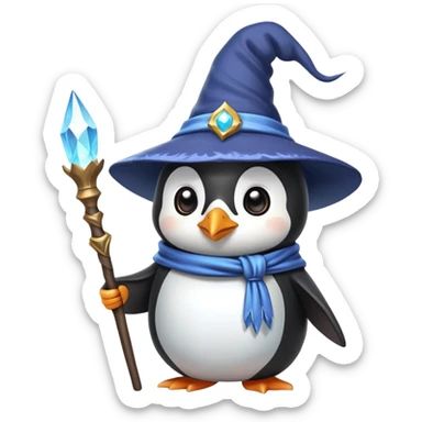 cute penguin wizard with a magical staff and a pointy hat sticker