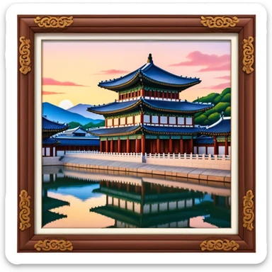 Cinematic Realistic Gyeongbokgung Palace Landmark Emoji, rendered with traditional Korean architecture, ornate wooden carvings, and vibrant colors, set against the backdrop of modern Seoul with soft evening light. sticker