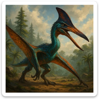 quetzalcoatlus dinosaur in the style of the Ark: Survival Evolved game, detailed, dynamic pose, vibrant colors, prehistoric atmosphere sticker