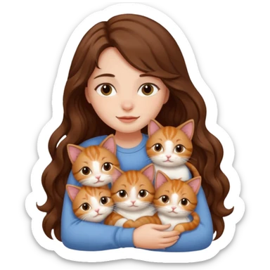 girl with long wavy brown hair cuddling with 6 cute cats sticker