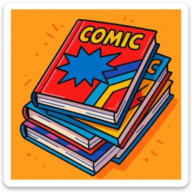 stack of comic books in vibrant cartoon style, glossy covers, energetic vibe sticker