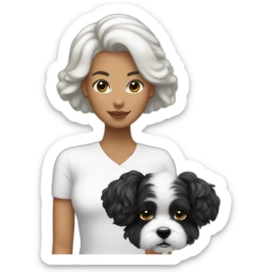 mujer piel blanca con peinado de chongo negro con perro bichon blanco sticker