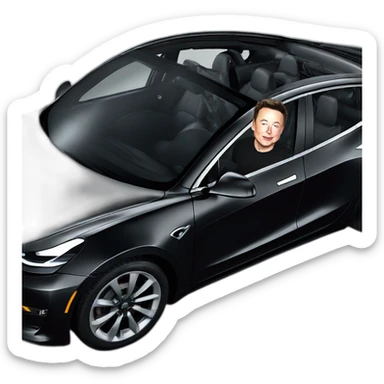 small photo-realistic Elon Musk, at the wheel inside an all black Tesla Model 3, full car side view sticker