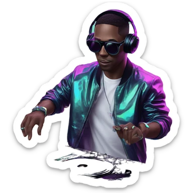 A dj wearing sunglasses playing music holding a cd record record, vinyl, oilslick holographic blacklight inverted graffiti dark dull sticker