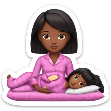 Dark skin Black barbie, short  black bob  hair, pink pajamas laying on pillow  sticker