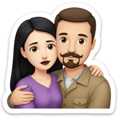 Tall white man with brown mustache and goatee hugging a short pale woman with long black hair sticker
