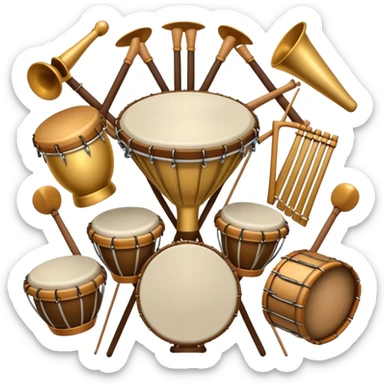 Create a heraldic, festive, and professional emblem-like emoji representing percussion instruments. The design should resemble a traditional crest, featuring a variety of percussion instruments such as cymbals, triangle, tambourine, maracas, timpani, bongo drums, and other traditional folk percussion instruments. Arrange them symmetrically, with cymbals crossing each other, the triangle at the center, and timpani or bongo drums flanking the sides. Include tambourines and maracas prominently, adding rhythm and texture. A flowing ribbon of musical notes should elegantly weave through the instruments, enhancing the sense of movement and celebration. Add intricate decorative patterns on the instruments, along with ornamental swirls, laurels, or flourishes to elevate the festive and heraldic feel. The overall composition should be balanced, harmonious, and visually striking, with an elegant and professional look. The background should be transparent. sticker