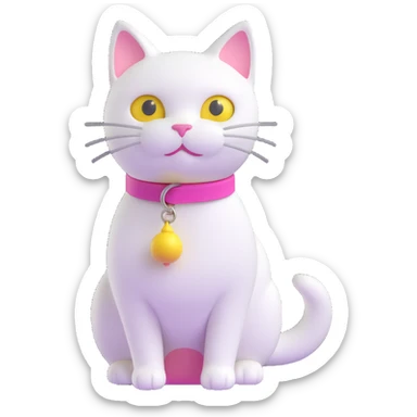 white cat with pink collar and detailed yellow bell sticker