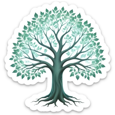 Mystical white tree with soft glowing portrait frames as leaves, ethereal genealogy connecting generations sticker