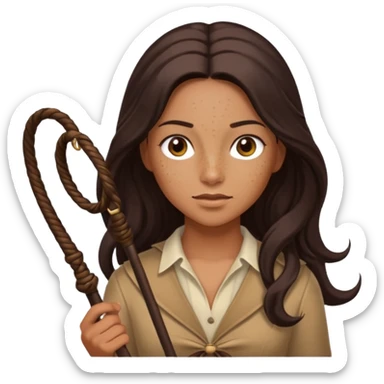 Tan skin with freckles, long dark hair, hazel eyes Dominatrix with whip sticker