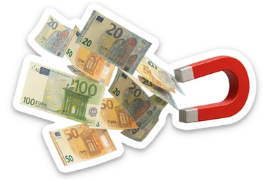 banconote di euro fluttuano vicino ad una calamita rossa, sono attratte, iperrealistico 4k sticker