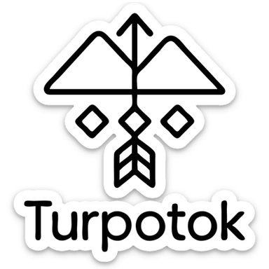 Simplified logo for Turpotok featuring a Kurai arrow and Ural Mountains, with clean lines and a modern sans-serif font. Minimal Bashkir ornamentation sticker