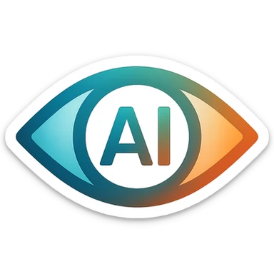 AI icon, futuristic eye, teal and orange color scheme, gradient design style sticker
