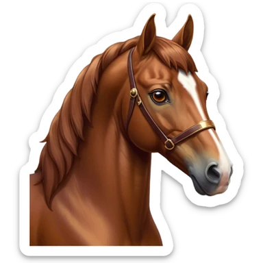 Cinematic Noble Chestnut Horse Portrait Emoji, Poised and regal, with a strong, athletic build and a lustrous, well-groomed chestnut fur, deep-set soulful amber eyes, Simplified yet sharp and sophisticated features, highly detailed, glowing with a warm, dignified glow, high shine, intelligent and majestic, stylized with an air of equine elegance, focused and attentive, soft glowing outline, capturing the essence of a watchful and confident steed, so majestic it feels as though it could gallop out of the screen with effortless authority! sticker