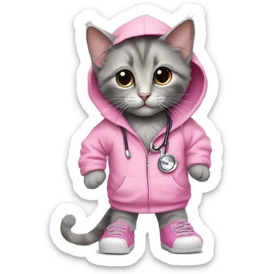 Rag doll kitten wearing oversized pink hoodie with rhinestones and a grey stethoscope and legs are wearing crocs sticker