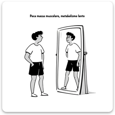 Uomo di 30 anni in abbigliamento sportivo davanti allo specchio, braccia e gambe sottili, poca massa muscolare, espressione preoccupata, testo in italiano: “Poca massa muscolare, metabolismo lento”. sticker