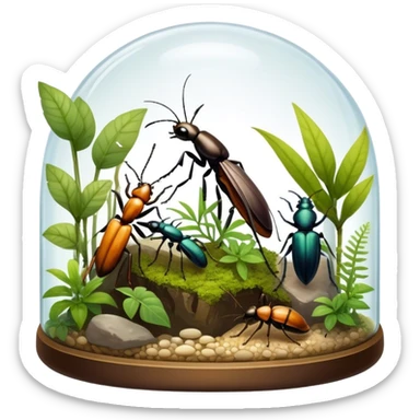 Close-up of home insects inside a terrarium, showcasing beetles, praying mantises and other exotic species in vivid detail, with natural textures of the terrarium. Soft lighting highlights their features. Transparent background. sticker