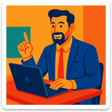 A 35-year-old male business coach sitting at a table with a laptop sticker