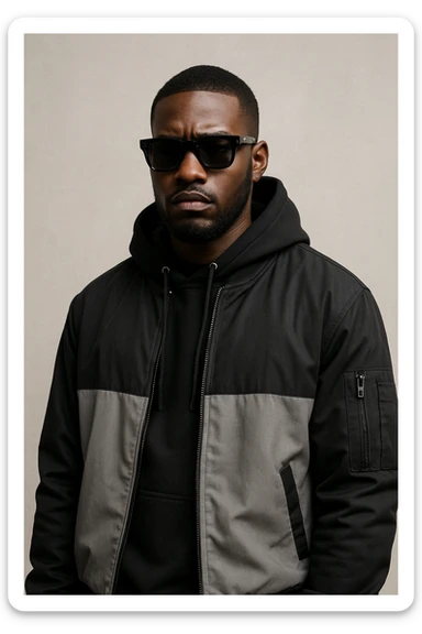 black man with sunglasses, serious expression, modern streetwear, neutral background sticker
