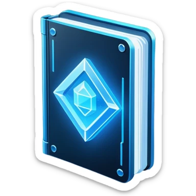 Futuristic holographic data book icon, dark sci-fi interface style, crystal neon blue light, sharp geometry, high tech game UI icon, minimalistic, cyber space theme, volumetric glow, centered, transparent background, no cartoon, no cute, no emoji face, 100x100 px sticker
