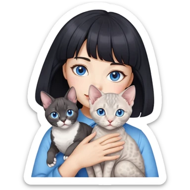 A Korean black-hair girl with bangs is holding a gray-blue Devon Rex cat with blue eyes sticker