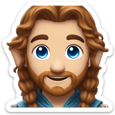 Ple Dwarf with elven ars and glowing blue eyes with long pretty brown hair, smiling and happy with cute hearts around him sticker