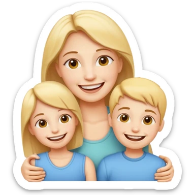 a happy mother with her children, all showing their braces, cheerful emoji style sticker