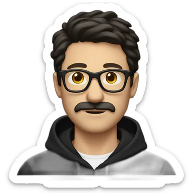 White man dark straight hair moustache, wearing a black hoodie, glasses sticker