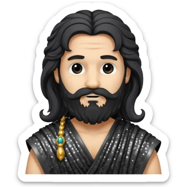 Pluto, God of Death from Roman Deities with long black wavy hair and beard, dark grey sequin toga sticker