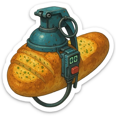 a thermonuclear hand held grenade IED, futuristic cyberpunk. The primed exlosive is garlic bread. small detonator attached to large loaf sticker