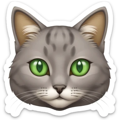 grey cat with green eyes and white stain below the necj sticker