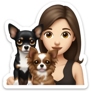 Pretty girl with long wavy brown hair, blue eyes, holding a black and brown short hair chihuahua sticker