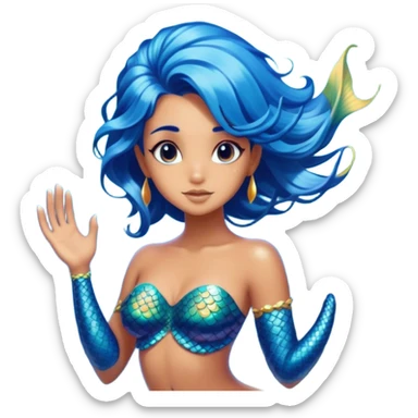 Cinematic Realistic Blue Hair Mermaid Portrait, depicted with lifelike, sun-kissed tanned skin that exudes a warm, radiant glow under gentle underwater lighting. Her intricately detailed, flowing blue hair cascades like a waterfall of ocean hues, framing deep, mesmerizing eyes that capture the vibrant spirit of the sea. Adorned with a shimmering tail and delicate tropical accents, the portrait features an enchanting underwater glow that blends realism with mythic coastal allure. sticker