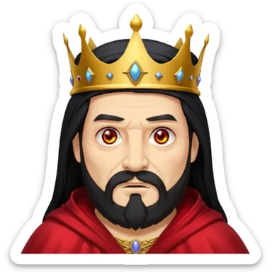 


an old king with yellow skin, red eyes, 60 years old, black hair, black beard, wearing a crown, red robe, fierce face, baron/lord vibe, longer hair cover the face, add scar
 sticker