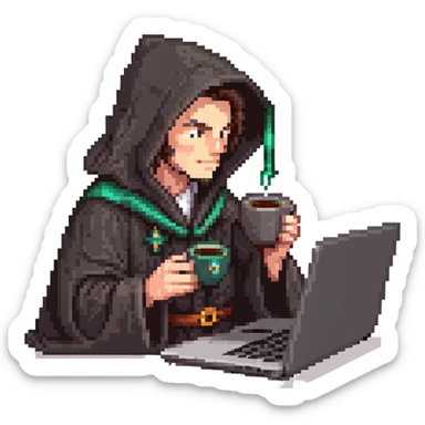 classic wizard upper body coding on a laptop, wearing dark robe, drinking coffee sticker