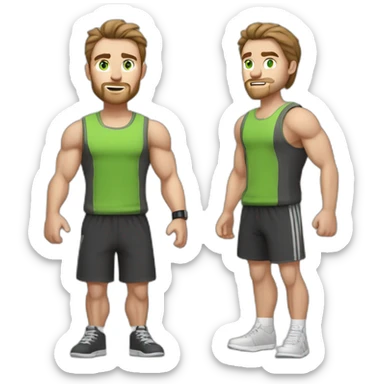 Full height Actively gesturing with hands Pale skinned Fit Man With the biceps, green eyes and brown hair in dark gray Sleeveless Mike, black oversize sports shorts, watch and white Sneakers sticker