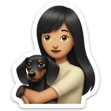 Asian woman with black bob bangs hugging black dachshund sticker