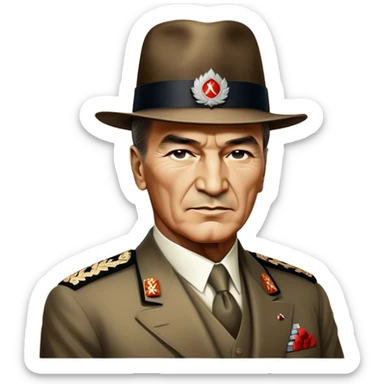 Mustafa Kemal Atatürk (statesman) in traditional hat – Cinematic Realistic Portrait of Mustafa Kemal Atatürk, depicted in dignified traditional attire with a distinctive hat, a resolute and visionary expression illuminated by warm, historic lighting, rendered with rich textures that evoke his transformative leadership. sticker