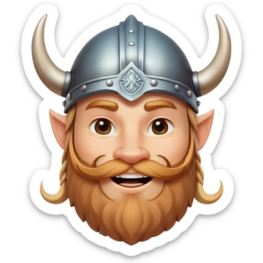Clash of Clans aesthetic: Cinematic Playful Viking Portrait Emoji, Head tilted with a cheeky grin and twinkling eyes, featuring a compact, charming build with a modest, stylized Viking helmet and a playful beard, his face rendered in natural skin tone, Simplified yet irresistibly charming features, highly detailed, glowing with a warm, inviting radiance, high shine, spirited and lively, stylized with an air of whimsical Nordic mischief, soft glowing outline, capturing the essence of a playful Viking exuding friendly rogue charm! sticker