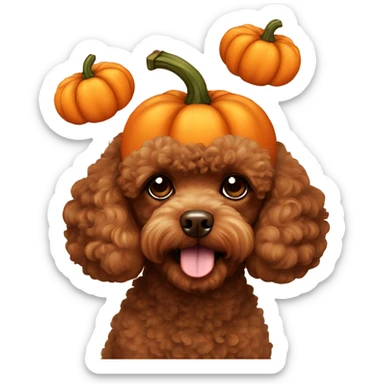 A brown toy poodle with a carved pumpkin on its head sticker