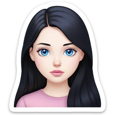 White girl with long black hair pale skin, blue eyes, light pink lips sticker