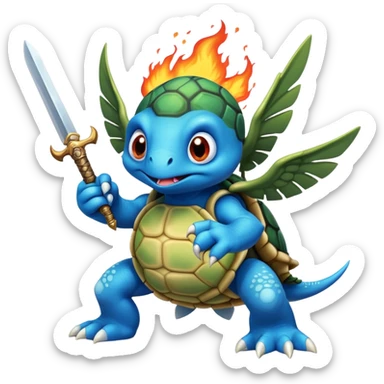A blue creature with fangs, alien googly eyes, claws, wings, with white dots, and a turtle shell. it looks strong. fire breathing huge with a sword sticker