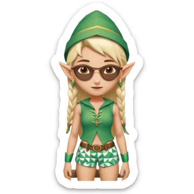 elf female legolas portrait, patterned board shorts (geometric/abstract), unique wooden-framed sunglasses, undercut hairstyle, slight smirk, visible pointy ears, no background, centered emoji, hipster summer vibe coctails with summer hat sticker