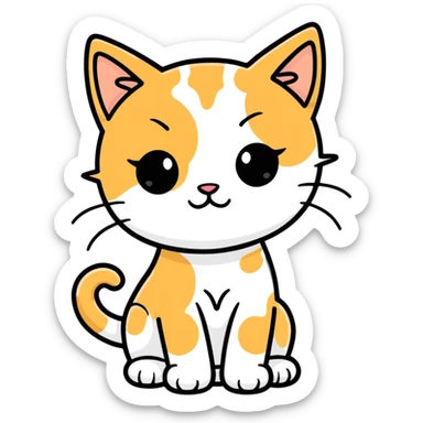 Predominantly white kitten with ginger and black patches that are spaced out like splats her face is half white with ginger above one eye and black above the other sticker