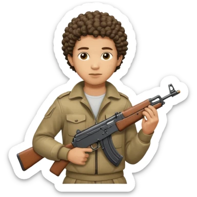 AK47 in hand, light skin male with short curly hair with a lineup  sticker