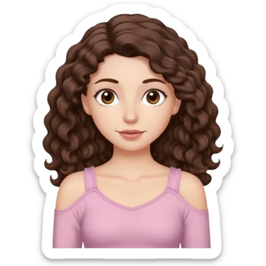 Aesthetic white girl with really long wavy/curly hair color dark brown, hair most be in front of the shoulders (hair in front of the shoulders). Big almond shape eyes color brown, small wide nose, natural lips, sweet expression. Dressed with a cute tight top color light pink. sticker
