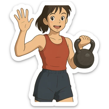 ghibli style sport girl with kettlebell in one hand and waving hello with the other sticker